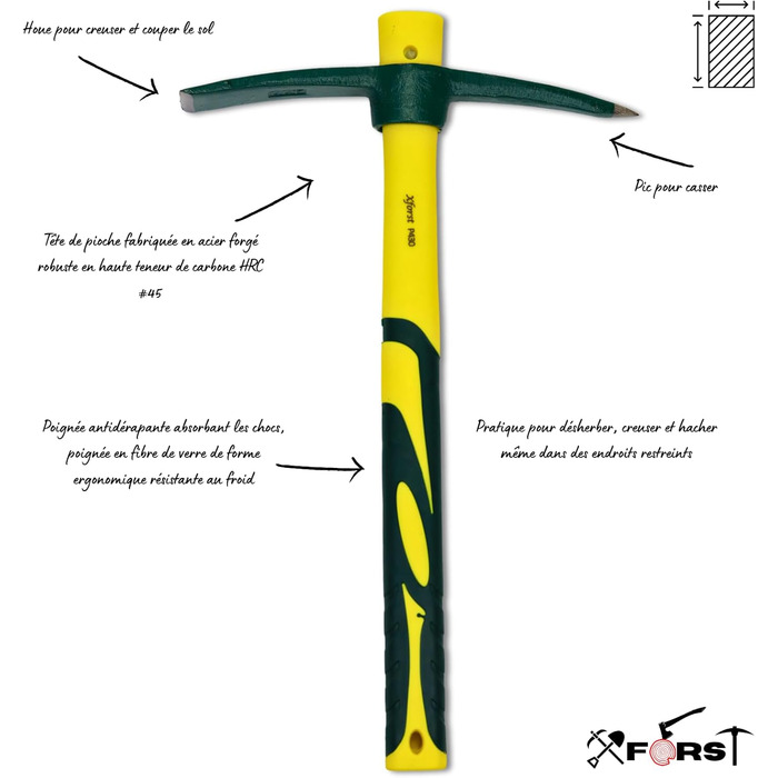 Міні-кирка Xforst X-PF430 з руків'ям зі скловолокна та кованим сталевим наконечником, ідеально підходить для саду, кемпінгу, догляду за рослинами та клумбами