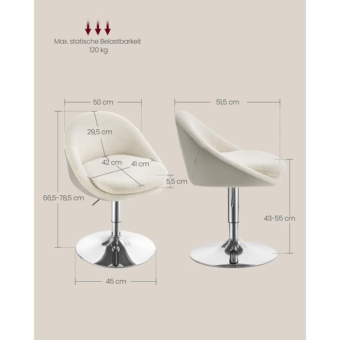 Регульований стілець VASAGLE, крісло для туалетного столика, офісне крісло, обертовий барний стілець зі спинкою та основою, сталь, для стійки, офісу, туалетного столика, їдальні, кремово-білий LJB100W01 кремово-білий фліс