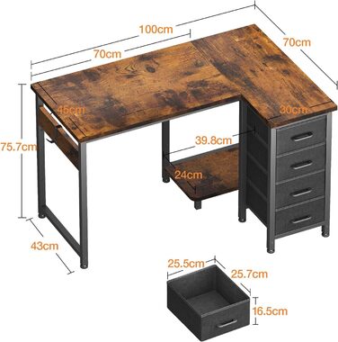 Кутовий письмовий стіл Coleshome, 100 x 70 см, метал / дерево, вінтажний коричневий