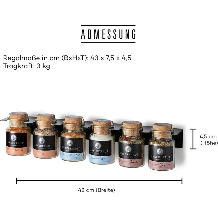 Ярусна підставка для спецій Ankerkraut, металевий органайзер для спецій, розрахований на 6 банок для спецій, легке складання, включаючи 2 дюбелі та шурупи, виготовлено в Німеччині, 6-