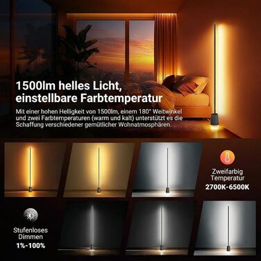 Розумна RGB IC LED-торшер NEEWER NF06, кутова лампа 1500лм з підтримкою Google та Alexa, керування через додаток, AI-дизайн, синхронізація з музикою, 16 млн кольорів для створення атмосфери у вітальні та спальні