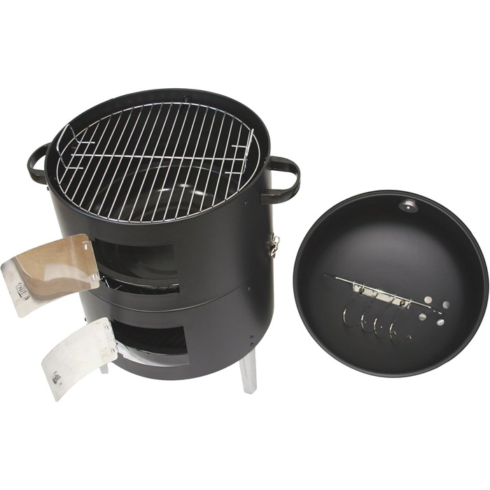 В-1 Дим-гриль Вугільний гриль з кришкою для копчення, смаження та приготування (з резервуаром для води, 2 решітками для грилю, гачками для копчення, термометром) Димна бочка для саду та кемпінгу, 400 3-