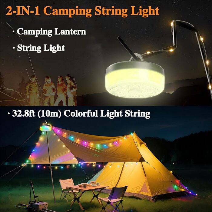 М кемпінгові гірлянди, висувні кемпінгові гірлянди, 4000 мАг та 13 режимів освітлення, портативні акумуляторні світлодіодні гірлянди 4-в-1, портативне освітлення для кемпінгу на відкритому повітрі, 10