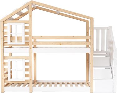 Дитяче ліжко Kehun Двоярусне ліжко 90 x 200, Ліжко-будиночок для 2 дітей, Ліжко-горище з дерев&39яною рейковою основою, Дерев&39яне ліжко з шухлядою та вікном, Ліжко-будиночок на дереві із захистом від падіння та сходами, Натуральний та білий, Без матраца