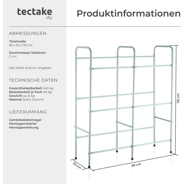 Стійка для ящиків для напоїв tectake, міцна окремостояча полиця, стійка для ящиків, полиця для коробок, стійка для ящиків для напоїв, для кухні, полиця для підвалу, полиця для зберігання, вантажопідйомність на ящик 40 кг (на 6 ящиків) 401728