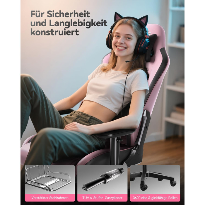 Ігрове крісло AutoFull C3, ергономічне ігрове крісло з поперековою опорою, регулюванням висоти та функцією нахилу, ігрові крісла з підставкою для ніг, вантажопідйомність 150 кг, гоночний дизайн сидіння зі штучної шкіри (рожевий)