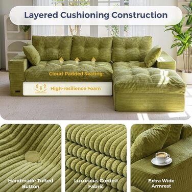 Диван MAXYOYO з функцією сну, кутовий диван L-подібної форми, вельветова тканина, 264x171 см, вельветовий диван, вітальня, розкладний диван з пуфом, універсальний, легко чиститься та підходить для домашніх тварин, не потребує складання (світло-зелений)