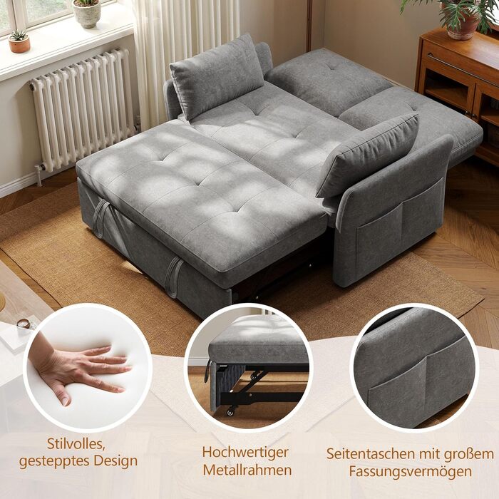 Диван-ліжко 3-в-1 з 5-позиційною регульованою спинкою, розкладний диван з 2 подушками та 2 боковими кишенями, сірий лляний 2-місний диван для гостьових кімнат та невеликих приміщень 167 x 137 см сірого кольору