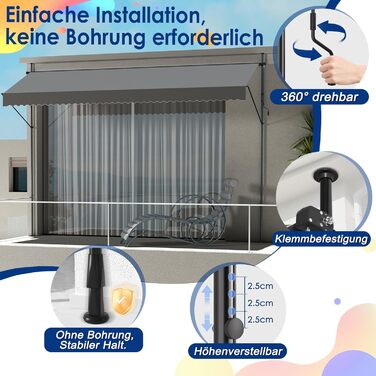 Тентовий тент із затискачем та кривошипом, шириною 350 см - Балконний тент без свердління, регульований, із захистом від ультрафіолету, захистом від сонця, водонепроникний, темно-сірий (3,50 x 1,20 м, темно-сірий) 3,50 x 1,20 м темно-сірий