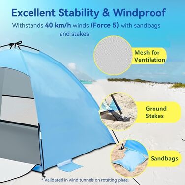 Пляжний намет із захистом від ультрафіолету, пляжний намет UPF 50, невеликий розмір для 2-3 осіб, портативний пляжний намет, вітрозахисний, легкий з сумкою для перенесення