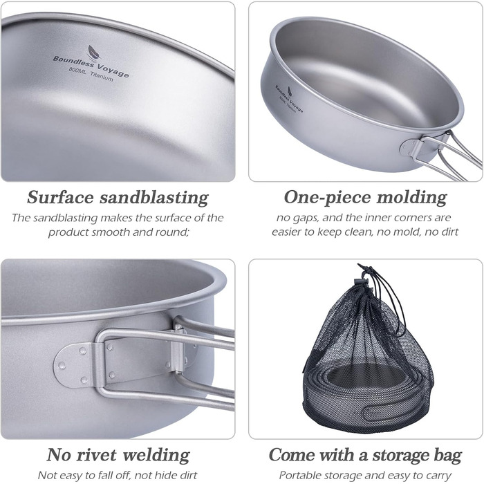 Набір титанових каструль та мисок Boundless Voyage зі складною ручкою, портативний посуд для кемпінгу на свіжому повітрі, тарілки та блюдця, столовий посуд Ti1096T