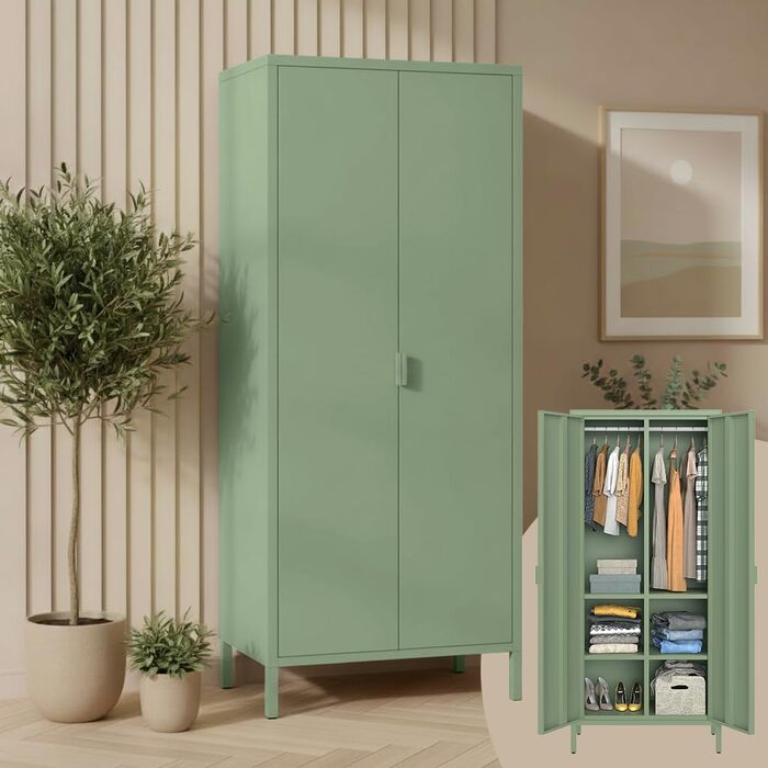Металева шафа skølm Ituri, м&39ятно-зелена Шафа з 6 полицями та 2 рейками для одягу Шафа для передпокою, ширина 80 см Шафа для спальні в індустріальному стилі Сталева шафа для вітальні та офісу, м&39ятно-зелена, без шухляд