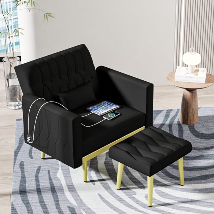 Крісло з відкидною спинкою та підставкою для ніг, 2 зарядні порти, зручне крісло для відпочинку, крісло для читання у вітальні, крісло для телевізора, м&39яке крісло, крісло-реклайнер, вантажопідйомність до 159 кг, оксамит (чорний)