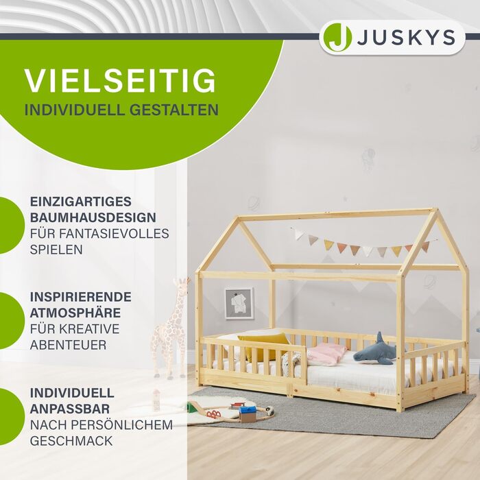 Дитяче ліжко Juskys Marli 90 x 200 см із захистом від падіння, рейковою основою та дахом - Ліжко-будиночок з масиву дерева для дітей - Ліжко натурального коричневого кольору