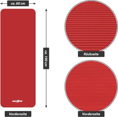 Килимок для йоги MAXXIVA - 190х60х1,5 см або 190х100х1,5 см, з ременем для перенесення, не містить фталатів, не ковзає, вибір кольору - гімнастичний килимок, килимок для фітнесу, спортивний килимок, килимок для вправ, килимок для вправ (190х60 см, червони