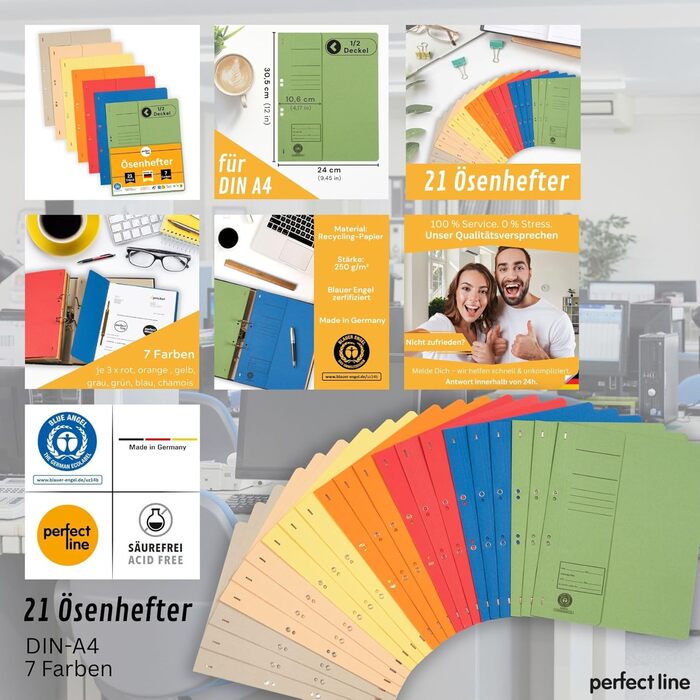 Папка-регістратор з люверсами DIN A4, 250 г/м перероблений картон, 7 кольорів (по 3 кожного), обкладинки, сертифікована Blue Angel, екологічно чиста, зроблена в Німеччині, 21