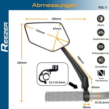 Ліве велосипедне дзеркало REEZER з надзвичайно великою дзеркальною поверхнею - Регульоване на 360 велосипедне дзеркало для керма електровелосипеда та електросамоката - Дзеркало заднього виду, сумісне з усіма моделями - ЛІВЕ