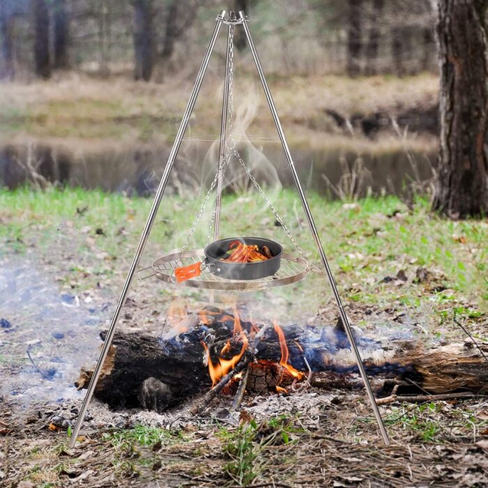 Поворотний гриль REDCAMP з решіткою для гриля, включаючи ланцюги, регульована висота, поворотний гриль для кемпінгу з нержавіючої сталі з круглою решіткою для гриля та сумкою для перенесення для барбекю на свіжому повітрі, сріблястий