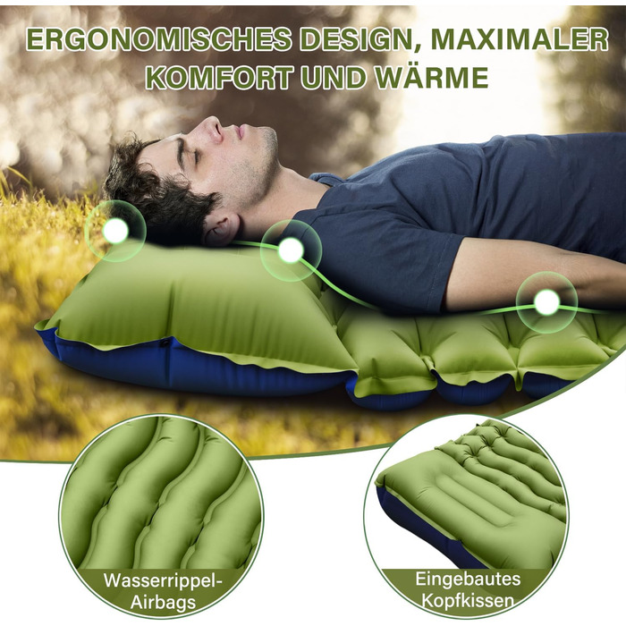 Килимок для сну в кемпінгу, надувний матрац для кемпінгу з ножним насосом та подушкою, компактний та легкий надувний матрац для походів та пляжу Green-1