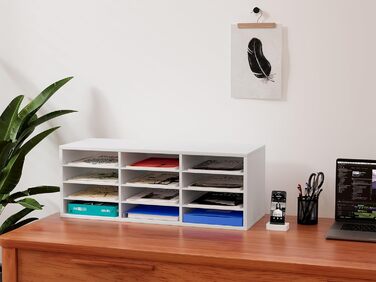 Дерев&39яний органайзер для офісного столу EasyPAG з 12 відділеннями, формат А4, тримач для документів, лоток для файлів, тримач для журналів, лоток для листів, органайзер для паперу та журналів, білий 80 x 30,7 x 29,8 см