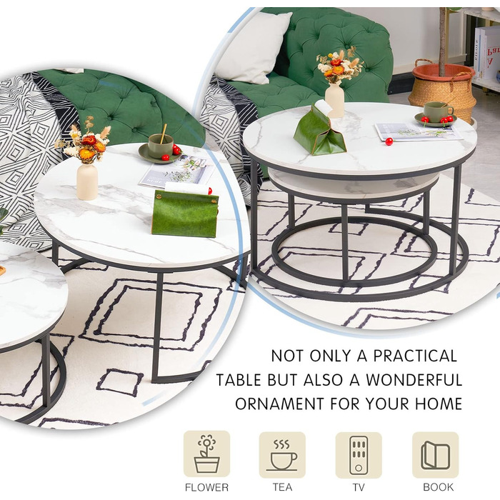 Комплект із 2 круглих журнальних столиків, білий мармуровий журнальний столик з чорною металевою рамою, круглий бічний столик, сучасний столик для вітальні, вбудовані столики для вітальні, спальні, балкону, білий та чорний