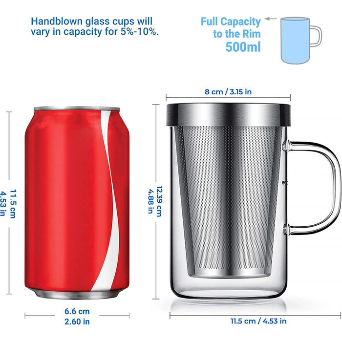 Скляна чашка Ecooe 500 мл (повна місткість) зі сріблястим ситечком з нержавіючої сталі та кришкою Чайне скло Боросилікатна чашка д