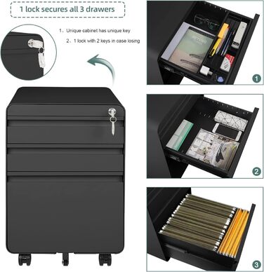 Металевий контейнер на колесах Dripex, сталевий контейнер на колесах з 3 шухлядами та підвісною системою для документів, офісна шафа, що замикається, офісний контейнер, 5 коліс, шафа для документів, 40 x 45 x 60 см, чорний, 40 x 45 x 60 см