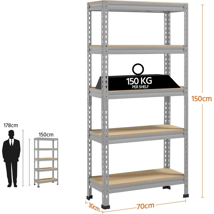 Кутовий стелаж Yaheetech з 5 полицями, металеві стелажі для зберігання, надміцний стелаж, вантажопідйомність 750 кг, підвальний стелаж, безболтовий стелаж, система стелажів, 70 x 30 x 150 см/світло-сірий