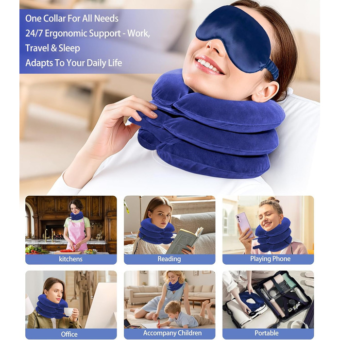 Регульований носильник для шиї надувна подушка для шиї з маскою для сну, підтримка шиї для шийного відділу хребта та полегшення болю в шиї для подорожей, роботи та кемпінгу (синій) Синій 1