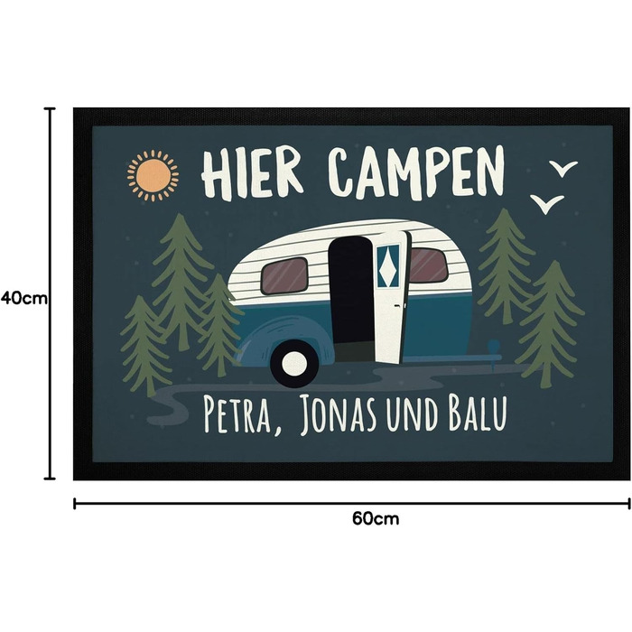 Персоналізований килимок для кемпінгу з іменем родини, ідеально підходить як подарунок для кемперів та караванів. Нековзний та миється, чорний, 60x40 см. (Кемпінг тут, чорний)