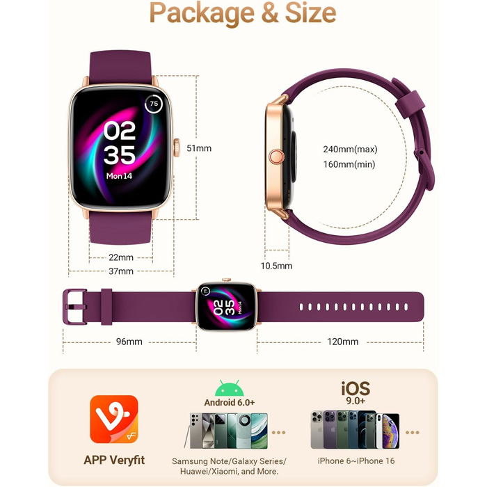 Розумний годинник для чоловіків та жінок з функцією телефону, фітнес-годинник 1,85 дюйма, понад 100 спортивних режимів, фітнес-трекер з моніторингом серцевого ритму/SpO2/сну, крокомір, водонепроникний спортивний годинник IP68 для iOS та Android, фіолетови