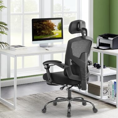 Ергономічне офісне крісло DUMOS, письмове крісло зі зручними підлокітниками, оснащене зручною поперековою опорою та підставкою для ніг, підходить для домашнього використання, C-3509-Чорний, 26 x 39 x 50,75 дюймів