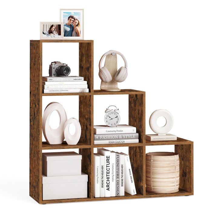 Книжкова полиця VASAGLE, полиця для сходів, перегородка, меблі для зберігання, 6 полиць, для офісу, вітальні, спальні, рустикальний коричневий LBC63BX