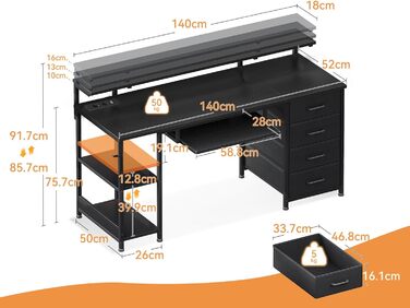 Комп&39ютерний стіл ODK з 4 шухлядами, 140x52x92 см, 2 розетки та 2 порти зарядки USB, ПК-стіл з полицею, ігровий стіл з підставкою для клавіатури для офісу, вітальня, чорний 140x52 см, чорний