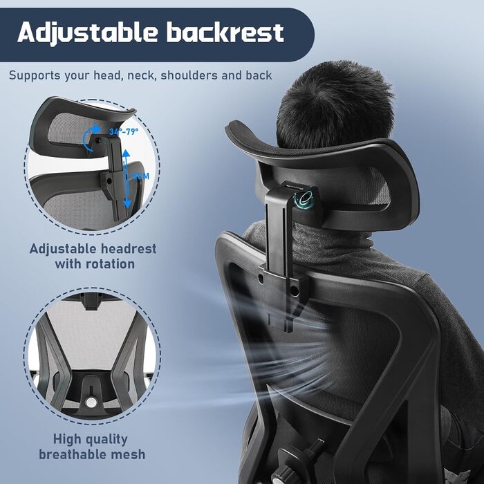 Ергономічне офісне крісло, робоче крісло з регульованою поперековою опорою для тривалого сидіння, функцією нахилу спинки (трирівневий механізм блокування) та регулюванням висоти, обертове крісло, сітчасте крісло, чорне офісне крісло