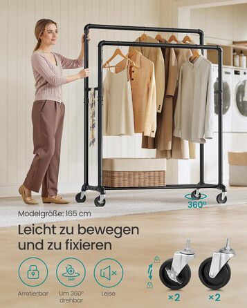 Вішалка для одягу SONGMICS, Штанга для одягу, Гардеробна підставка з 2 шт. ангами для одягу та полицею, Колеса, Вантажопідйомність до 110 кг, Промисловий дизайн, для спальні, Гардеробної, Чорний HSR60B Чорна одинарна рейка