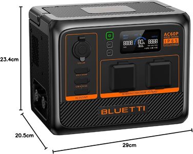 Портативна електростанція BLUETTI AC60P, потужність 600 Втгод, вихідна потужність змінного струму 1000 Вт (пікова 1200 Вт), компактне рішення для живлення в дорозі