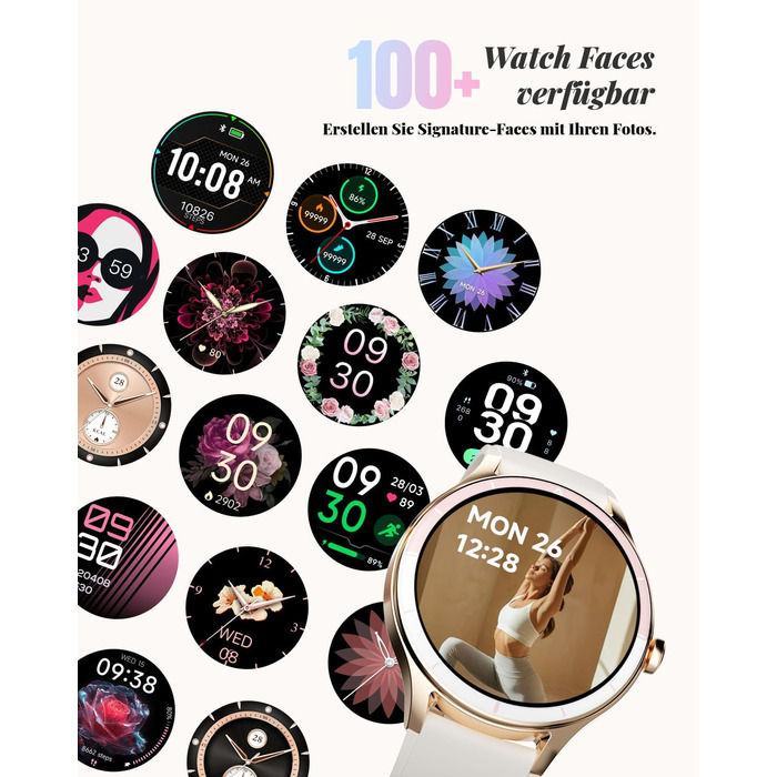 Жіночий смарт-годинник TOOBUR, круглий, 40 мм, крокомір та фітнес-годинник для щоденного використання, понад 100 спортивних режимів, елегантний жіночий смарт-годинник, сумісний з Android/iOS, функція телефону з дзвінками, водонепроникний IP68, бежевий