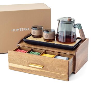 Чайна скринька з дерева акації Стильне сховище для чаю з шухлядою 8 великих відділень (до 144 чайних пакетиків) Органайзер для чайних пакетиків з полицею Розміри 33 см x 20 см x 13 см