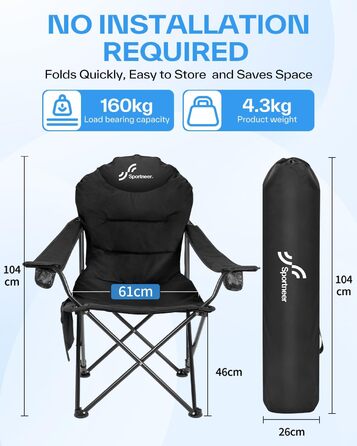 Складане кемпінгове крісло Sportneer Складане кемпінгове крісло до 160 кг, 3 регульовані кути нахилу, кемпінгове крісло/рибальське крісло зі спинкою, підголівником та сумкою для перенесення, складне кемпінгове крісло/вуличне крісло, , чорний