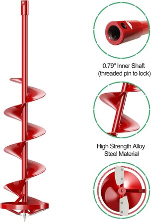 Льодовий шнек LONGRUN, 8-дюймовий земляний шнек з нековзною ручкою та змінними наборами лез, підходить для підлідної риболовлі, копання лунок - Червоний