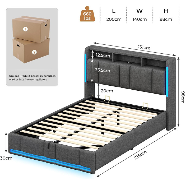 М&39яке ліжко 140x200 з розетками та світлодіодним освітленням, двоспальне ліжко 140x200 з узголів&39ям для зберігання та гідравлічним відділенням для зберігання, каркас ліжка з рейковою основою, дитяче ліжко, льон, без матраца, темно-сірий 140x200 см тем
