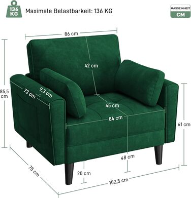 Одномісний диван Yaheetech, двомісний диван, невеликий диван з 2 подушками та підлокітниками, сучасний лляний диван-кутник, комплект диванів для вітальні, зелена оксамитова тканина