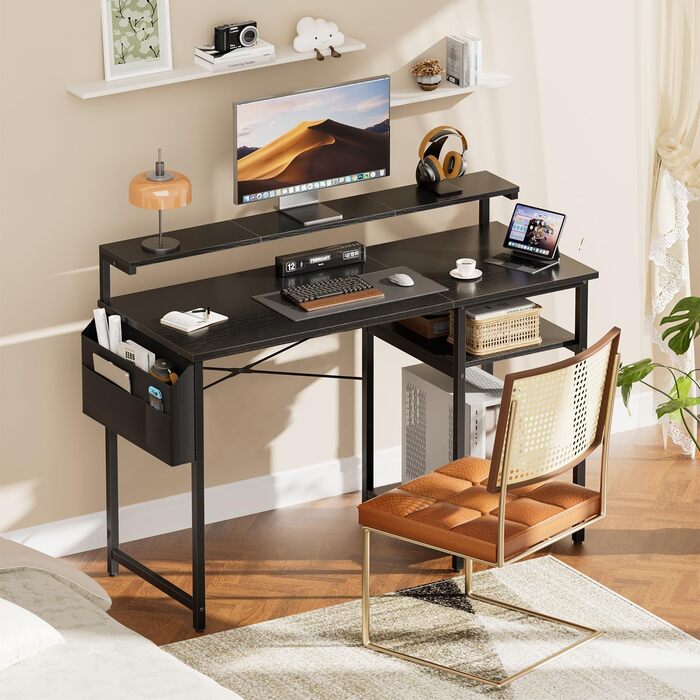 Письмовий стіл, комп&39ютерний стіл зі світлодіодним підсвічуванням та підставкою для монітора, ПК-стіл з 2 полицями та сумкою для зберігання для кабінету та спальні, 100 x 48 x 74 см, міцний металевий каркас, чорний.