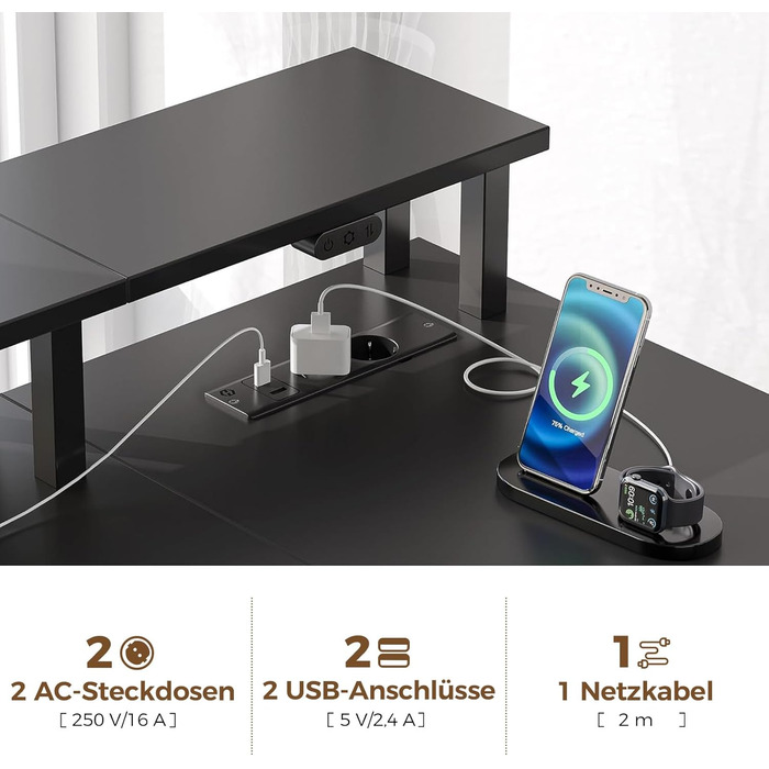 Г-подібний письмовий стіл на сім столів, комп&39ютерний стіл з розеткою, підставкою для світлодіодного освітлення та монітора, кутовий стіл з висувними шухлядами, ідеально підходить для спальні, офісу, вітальні, чорний