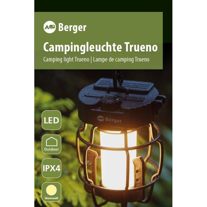 Ліхтар для кемпінгу BERGER Trueno Акумуляторний світлодіодний кемпінговий ліхтар із зарядкою через USB Вуличний ліхтар із регульованою яскравістю Бездротовий аварійний ліхтар, ідеально підходить для відключень електроенергії, наметів, походів та майстерен
