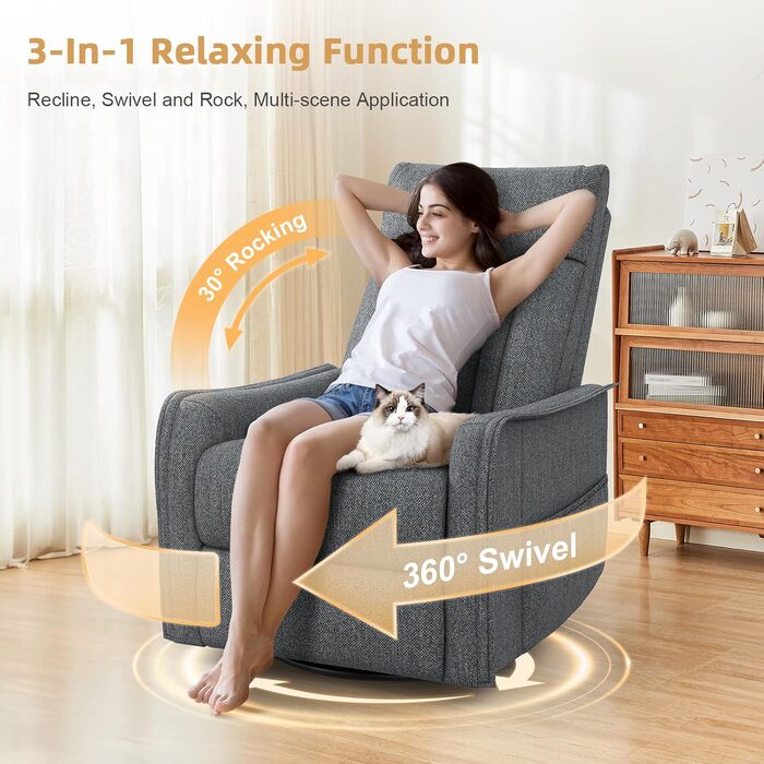 Крісло для телевізора/масажне крісло з функцією відкидання, крісло для релаксації з підігрівом та масажем, крісло для телевізора з поворотом на 360 для вітальні, крісло-гойдалка з м&39яким підголівником, 2 бічні кишені, сірий