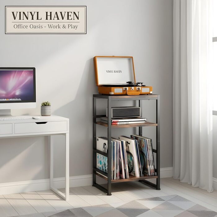 Підставка для програвача платівок, 3-ярусний бічний столик, столик для програвача платівок, до 120 альбомів, столик для вітальні, спальні, вінтажний коричневий (сільський коричневий)