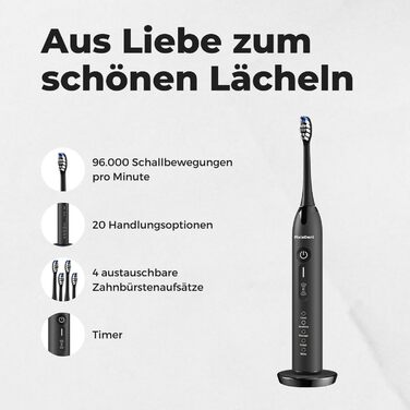 Електрична зубна щітка PixieDent з 4 запасними щітками 5 режимів роботи Дорожній кейс для звукової зубної щітки 4 рівні потужності Ультразвуковий таймер 96 000 рухів звукової хвилі Чорний
