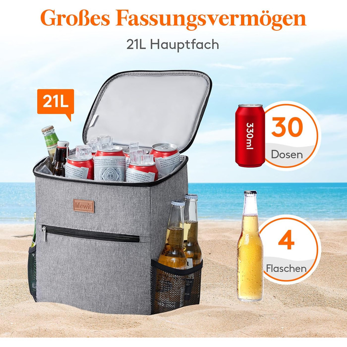 Рюкзак-холодильник Lifewit 21L 30 Can, сумка-холодильник, сумка для пікніка, велика ізольована сумка-холодильник для чоловіків та жінок, для пляжу, пікніка, кемпінгу, барбекю, походів, сірий
